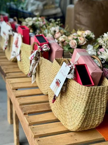 A lineup of our bridesmaid gift baskets, showcasing the consistent and beautiful branding for a bridal party.