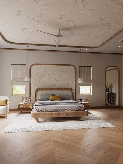 This bedroom exudes classic sophistication with a modern twist. I used curved archways and a textured ceiling to create a soft, romantic feel, while the herringbone wood floor grounds the space with timeless elegance.
