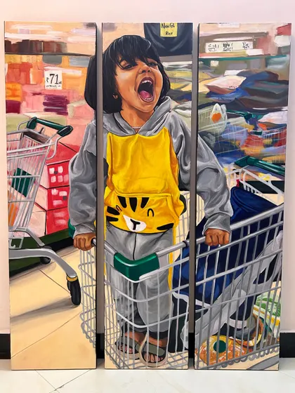 I love capturing pure, unfiltered joy. This custom triptych acrylic painting was created from a candid photo of a child's fun moment in a shopping cart. It shows how even an everyday memory can be turned into a vibrant, large-scale piece of art for your home.
