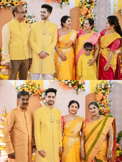 Formal family portraits taken during the Haldi ceremony. I ensure that we capture these important group photos with everyone looking their best.
