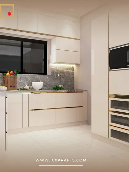 A closer look at the seamless, handle-less cabinetry in the transitional kitchen. The tall unit houses the microwave, providing a clean, integrated look.