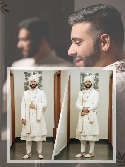A collage of the groom in his white sherwani, capturing his stylish look from different angles.