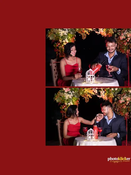 A two-photo collage on a rich red background, showing a couple enjoying a romantic dinner and a tender hand-kiss.