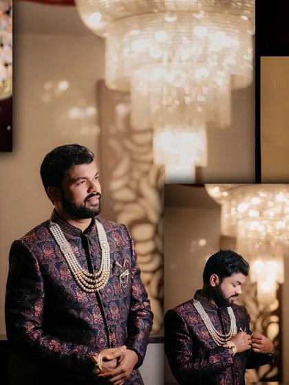 A collage of the groom getting ready for his reception. These portraits showcase his dapper look, from his patterned jacket to his multi-layered pearl necklace.
