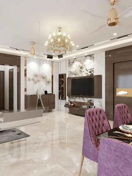 An alternate angle of the Borivali 3BHK living room, showing the relationship between the dining area, seating area, and the entrance. The design uses partitions and furniture placement to define spaces within the open floor plan.