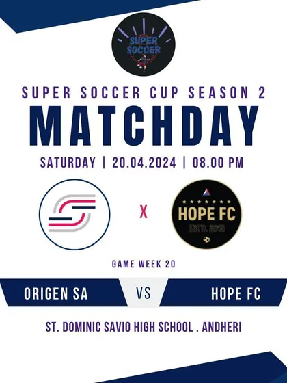 The announcement for our first match in the Super Soccer Cup Season 2 against Hope FC.