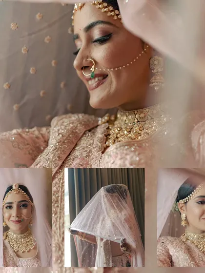 A collage of the bride's portraits, showing her beautiful smile and the delicate details of her pastel lehenga and veil.