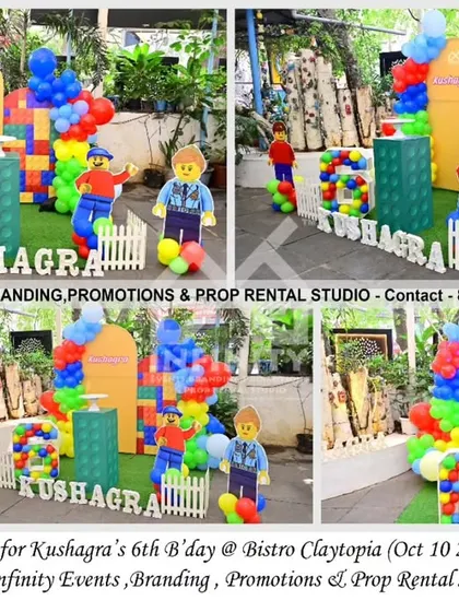 We built a world of fun with this Lego theme for a 6th birthday at Bistro Claytopia. The outdoor setup includes giant Lego block props, character figures, and a colorful balloon arrangement, perfect for a creative and playful party.