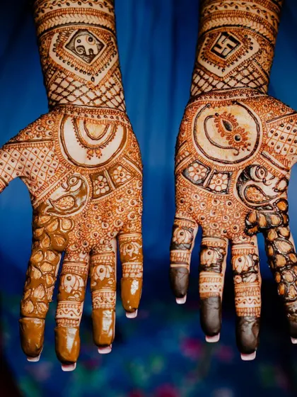 A close-up of the palms from the previous design, showing the detail in the elephant and paisley motifs.