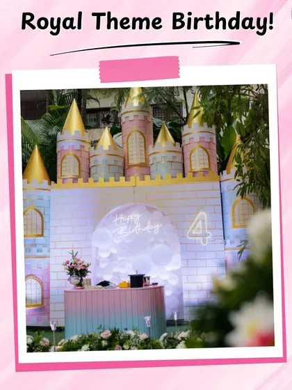 This graphic highlights my "Royal Theme Birthday" concept, showing a beautiful castle setup. I can handle any theme you can dream of, ensuring a showstopping party every time.