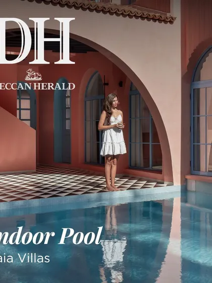 Another image from our feature in the Deccan Herald on the indoor pool at Baia Villas. The design, wrapped in soft peach hues, draws from Portuguese architectural styles to create a modern yet contextual space.