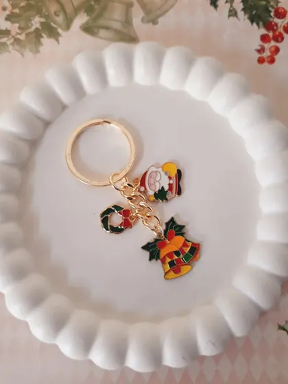 Another custom Christmas keychain, this one with jingle bells, a wreath, and a Santa charm. So festive and fun.