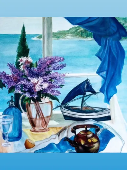 A still life painting with a view of the sea. This piece combines a beautiful bouquet of purple flowers with a miniature boat and a teapot, all set against a bright blue seascape, evoking a sense of a peaceful coastal morning.