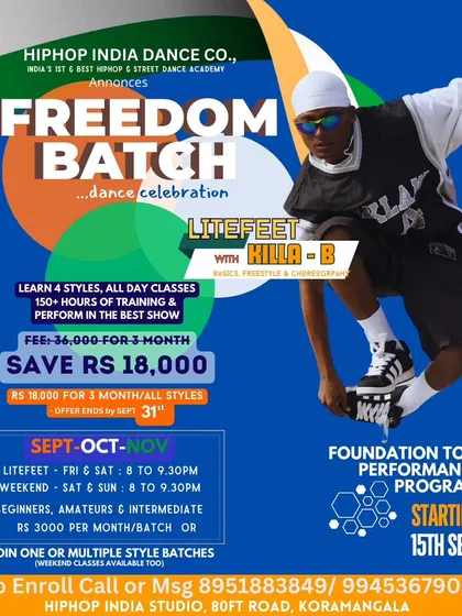Another "Freedom Batch" poster, this one highlighting the Litefeet course with Killa-B. We offer intensive training programs to fast-track your skills.