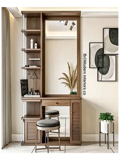 A beautiful wooden dressing table with plenty of open shelving for perfumes and skincare. The large mirror and comfortable stool make it a perfect spot for your daily routine. The slatted cabinet door adds a nice textural detail.