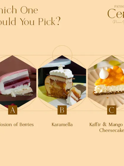 Confused about which one to order first? This image presents a choice between the Explosion of Berries, Karamella, and Kaffir & Mango NYC Cheesecake, but hints that you do not have to choose just one.