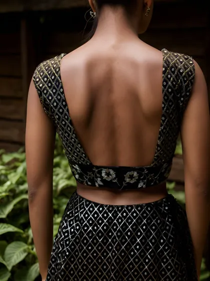 Draped in the beauty of midnight, a black lehenga speaks volumes in silent elegance. The deep back of the blouse adds a touch of modern mystique to a traditional silhouette.