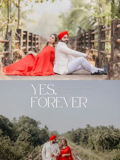 A collage from their Goa pre-wedding shoot. The top image shows them back-to-back on a rustic bridge, while the bottom captures a romantic walk, telling a story of "Yes, Forever."