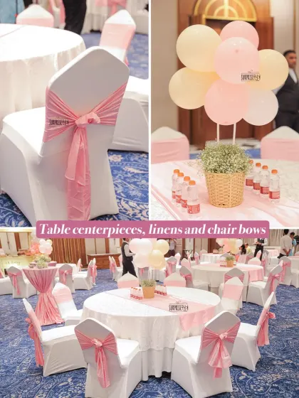 For Kaashvi's baby welcome, we took care of all the details, including the table centerpieces with balloon bouquets and the custom pink chair bows and linens to match the theme.