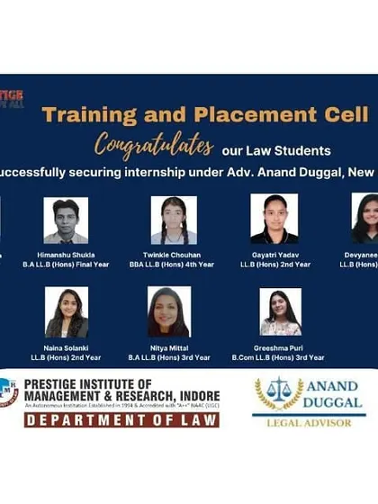 I am proud to mentor the next generation of legal minds. This image congratulates law students from the Prestige Institute of Management and Research who successfully secured internships with my firm, where they gain practical experience in a professional legal environment.