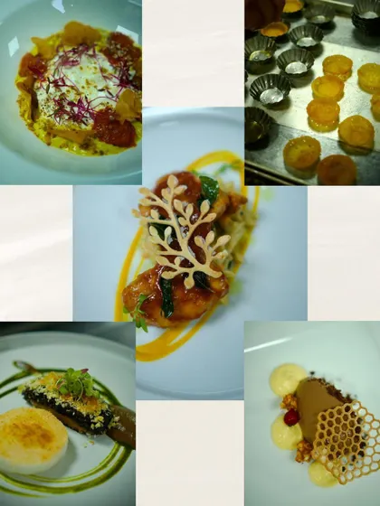A collage from my 'Modern Luxury' dinner series, showing a variety of plated dishes from a spin on Chicken Ghee Roast to a Kodava Style Portobello Mushroom with Sannas.