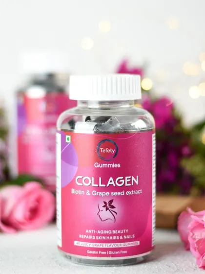 We photographed these collagen gummies with a soft, floral background to emphasize their beauty-enhancing benefits. The bokeh lighting adds a dreamy quality, connecting the supplement to healthy hair and skin.