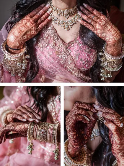A collage of the bride's getting-ready details. The focus is on her intricate henna, beautiful kaleeras, and diamond jewelry, all part of her stunning pink ensemble.