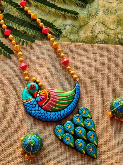 A full view of the artistic peacock necklace set, showing the vibrant colors and unique design.