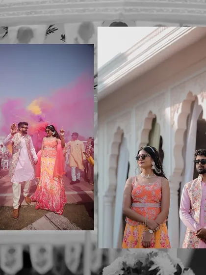 A vibrant collage from a Haldi ceremony, showing the couple's grand entrance amidst colorful smoke. The images capture their stylish outfits and the festive, high-energy atmosphere.