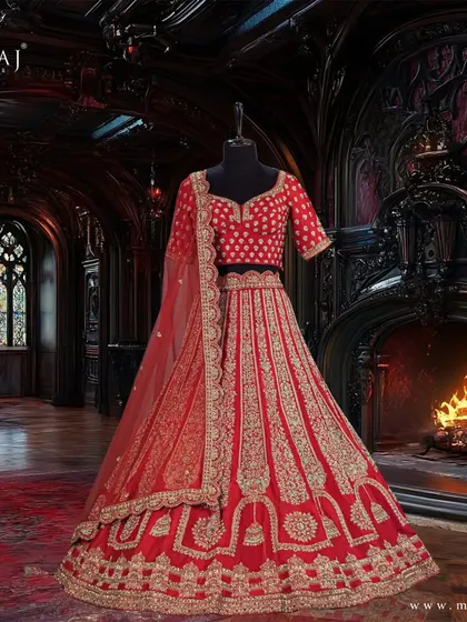 This red silk lehenga features a different style of zardosi work, with a focus on traditional motifs along the base.