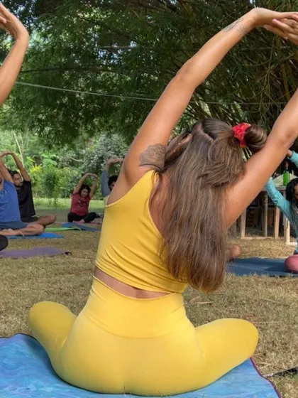 A beautiful side-body stretch with the group. Practicing under the bamboo trees adds a sense of tranquility and shelter to our session.