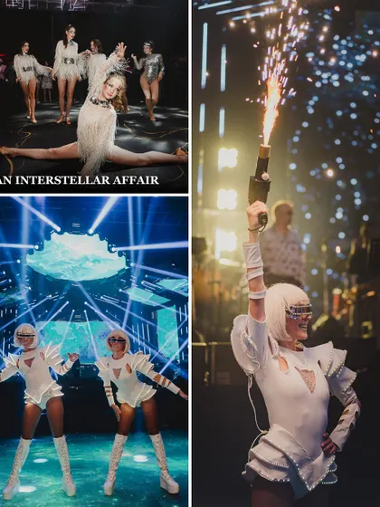 An interstellar affair featuring dancers in futuristic costumes, including LED suits and visors. The performances were a key part of creating the party's out-of-this-world atmosphere.