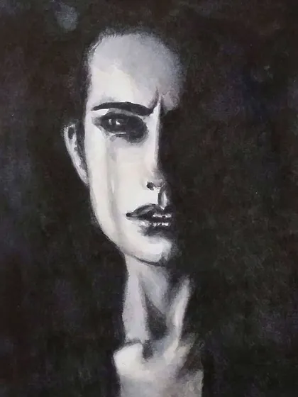 A monochrome watercolor painting titled "Woman in the dark." I used only black paint to explore shadow and light, creating a dramatic portrait with half of the face obscured.