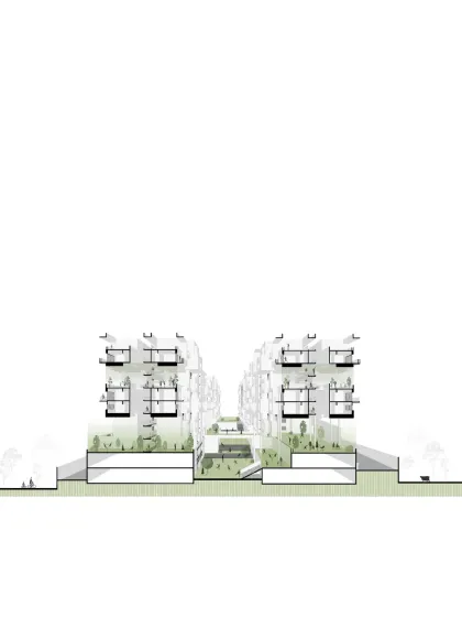 A sectional drawing of Aurum Avenue, showing how the apartment buildings are designed to create a vibrant, active streetscape with green spaces and pedestrian pathways. These drawings are essential for understanding the human scale of a large project.