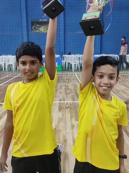Pure joy and victory. Our U-11 boys, Ashlon and Pragnay, hold their trophies high after winning the state level tournament in Sangli.