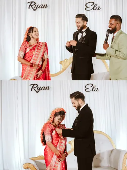 A beautiful moment of tradition during the reception, where the groom honors the bride with a symbolic gesture, all happening on a beautifully decorated stage under my hosting.