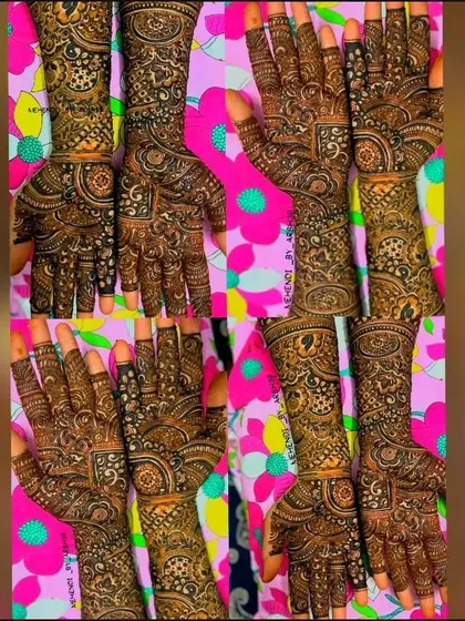 This collage displays the front and back of the hands, showing how the design elements are carried through for a cohesive look.
