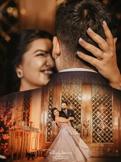 A creative double exposure photograph blending a candid, laughing close-up with a wide shot of the couple dancing. This artistic technique tells a deeper story within a single frame.