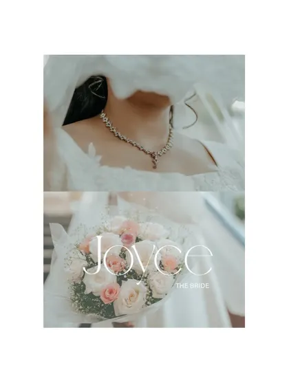 A collage focusing on the bride, her bouquet, and the fine details of her wedding look.
