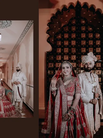 A side-by-side view of the couple's portraits, showcasing their stunning wedding attire and the regal ambiance of the palace venue.