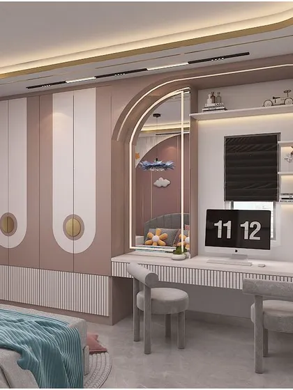 A charming and functional kids' bedroom concept in pastel pink, with an arched vanity and study area integrated into the wardrobe design.