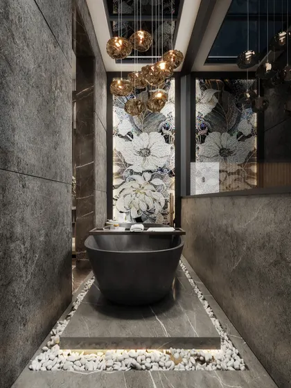These renders depict a narrow, spa-like bathroom with a freestanding tub. We've experimented with two different feature walls, one with floral mosaics and one with abstract gold patterns, showing how we can visualize options for a client.