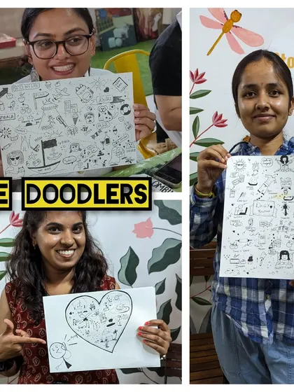 A collage of "The Doodlers" from one of our workshops, proudly showing off their unique and imaginative creations.