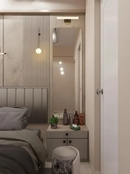 This 3D render of a bedroom uses a calming palette of soft beige and grey. The wall behind the bed features textured panels and modern light fixtures, creating a sophisticated focal point.