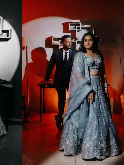 A split-screen image showing the same pose in both color and black and white, highlighting the dramatic lighting.