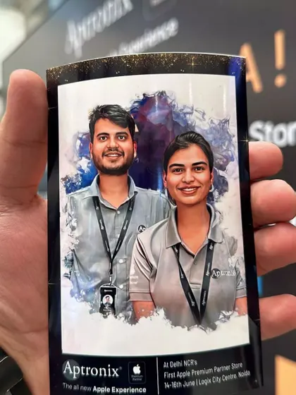 A beautifully rendered digital caricature for an Aptronix Apple Partner Store event. The quality of the artwork and the custom branding make this a premium giveaway that reflects the high standards of the client's brand.