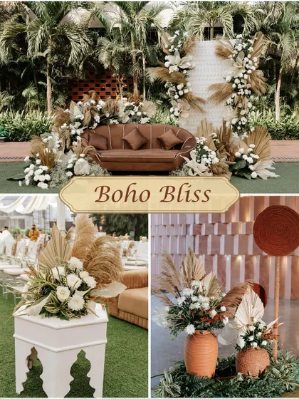 This Boho Bliss theme uses pampas grass, earthy tones, and natural textures to create a relaxed yet incredibly chic vibe for a modern pre-wedding event.