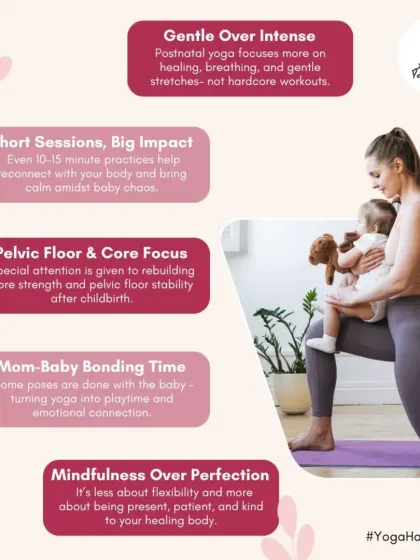Postnatal yoga with me is different from a typical fitness class. This graphic explains my core philosophy: focusing on gentle healing, short and impactful sessions, rebuilding the core and pelvic floor safely, and embracing mindfulness over perfection.
