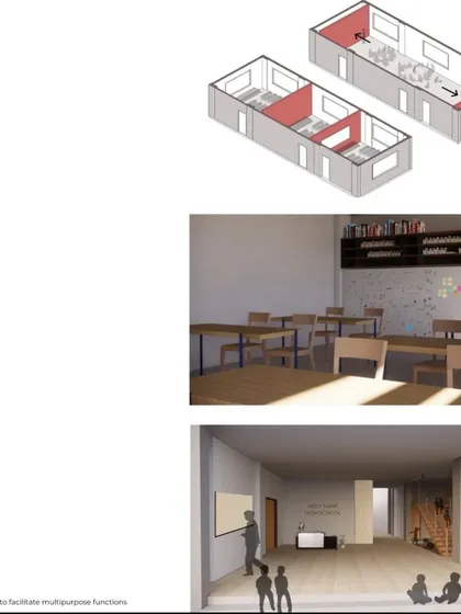 Interior concepts for the Holy Saint High School, featuring collapsible walls to create multipurpose, flexible learning spaces. The design was guided by a user study to integrate modern pedagogy and learning through play.