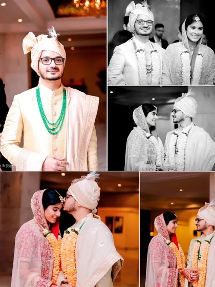 A collage showcasing various moments from the wedding day. It includes portraits of the groom, candid couple shots, and romantic embraces, telling a complete story.